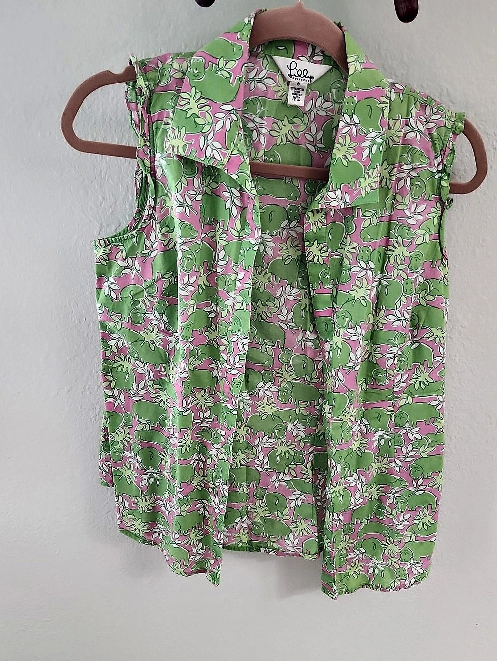 Vintage Lilly Pulitzer Floral Cotton Button Down Top Green Pink Size 8